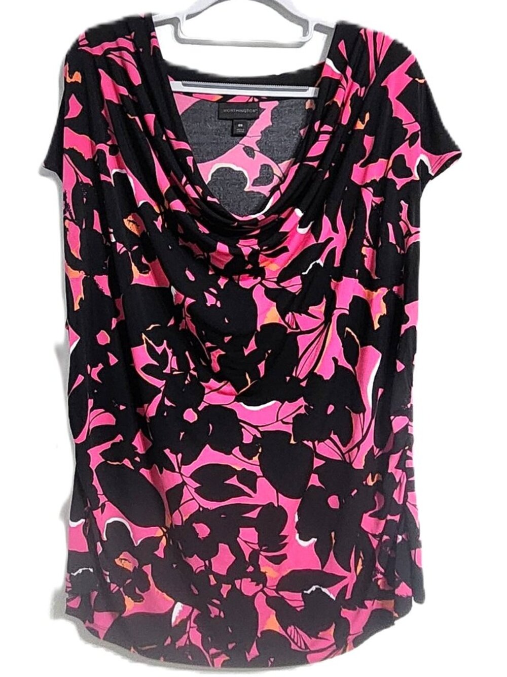 Worthington 3X Pink & Black Floral Cowl Neck Ruched Cap Sleeve Top